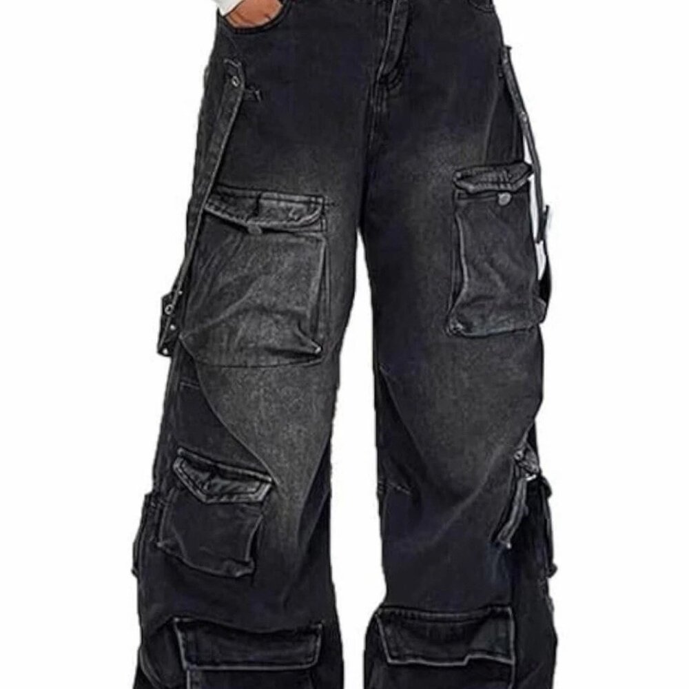 Women's Lafaguw Cargo Pants Low Waist Baggy Jeans Pocket Wide Leg Medium Black